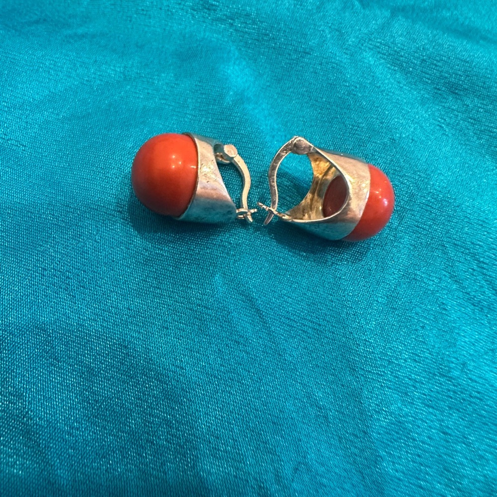 Vintage Silver-Tone Earrings with Coral Red Domes